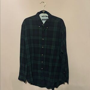 Nautica Men's Dark Green and Navy Plaid Shirt